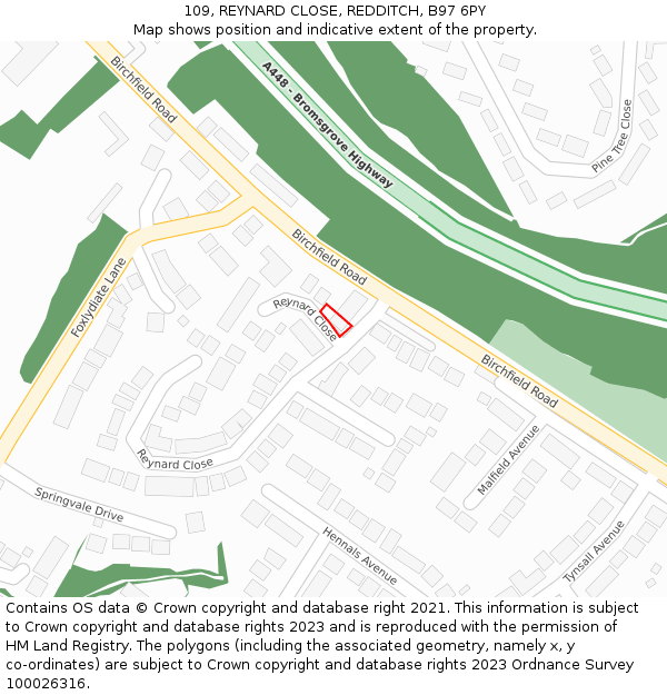 109, REYNARD CLOSE, REDDITCH, B97 6PY: Location map and indicative extent of plot