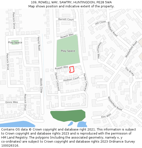 109, ROWELL WAY, SAWTRY, HUNTINGDON, PE28 5WA: Location map and indicative extent of plot