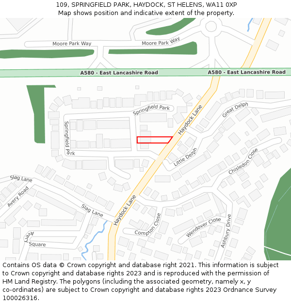 109, SPRINGFIELD PARK, HAYDOCK, ST HELENS, WA11 0XP: Location map and indicative extent of plot