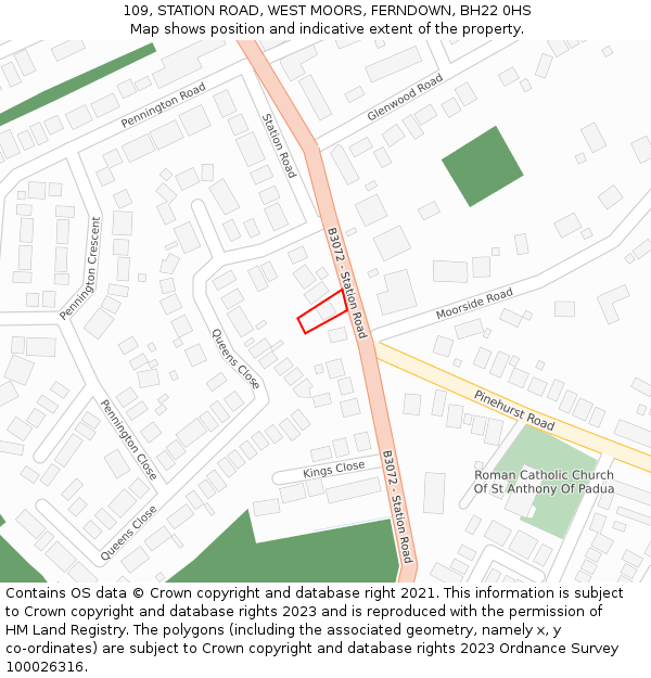 109, STATION ROAD, WEST MOORS, FERNDOWN, BH22 0HS: Location map and indicative extent of plot
