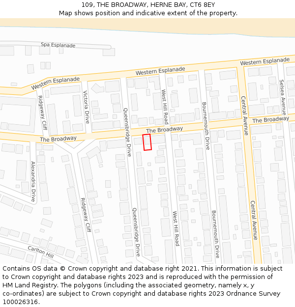 109, THE BROADWAY, HERNE BAY, CT6 8EY: Location map and indicative extent of plot