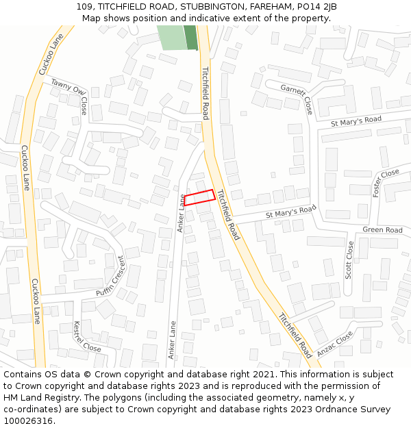 109, TITCHFIELD ROAD, STUBBINGTON, FAREHAM, PO14 2JB: Location map and indicative extent of plot