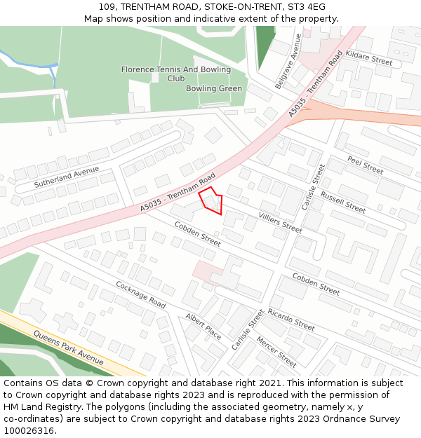 109, TRENTHAM ROAD, STOKE-ON-TRENT, ST3 4EG: Location map and indicative extent of plot