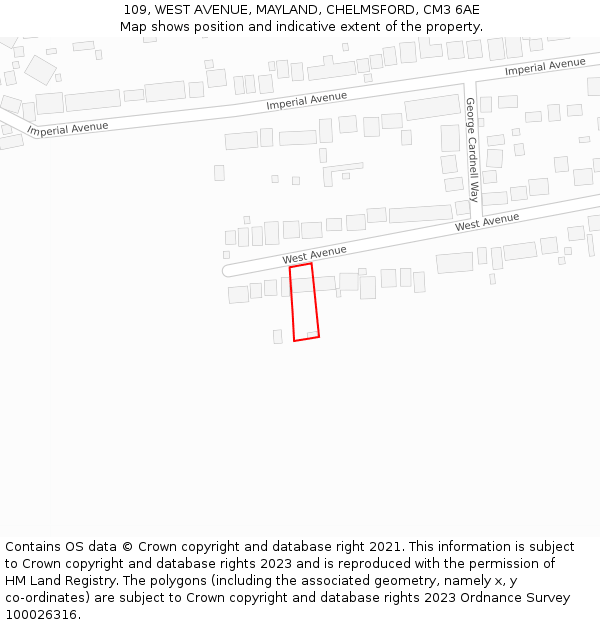 109, WEST AVENUE, MAYLAND, CHELMSFORD, CM3 6AE: Location map and indicative extent of plot