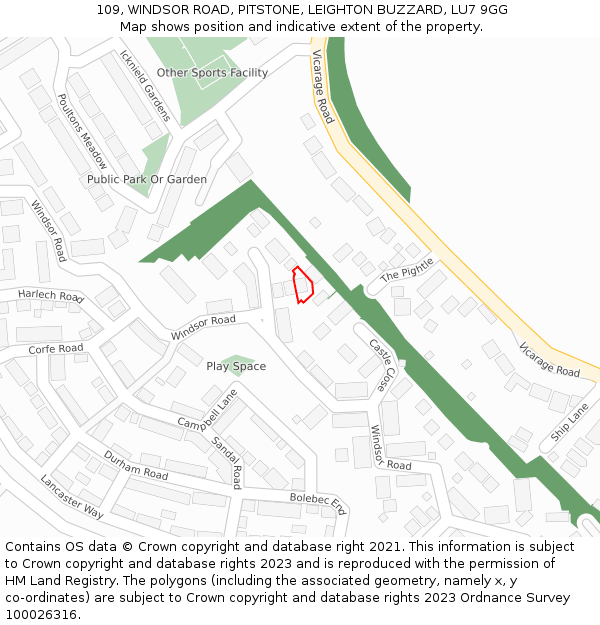 109, WINDSOR ROAD, PITSTONE, LEIGHTON BUZZARD, LU7 9GG: Location map and indicative extent of plot