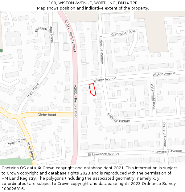 109, WISTON AVENUE, WORTHING, BN14 7PP: Location map and indicative extent of plot