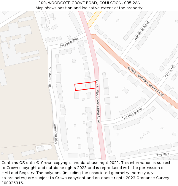 109, WOODCOTE GROVE ROAD, COULSDON, CR5 2AN: Location map and indicative extent of plot