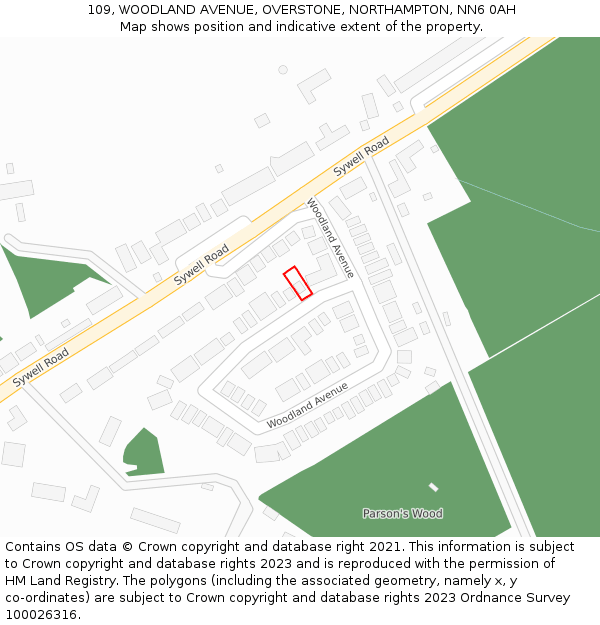 109, WOODLAND AVENUE, OVERSTONE, NORTHAMPTON, NN6 0AH: Location map and indicative extent of plot