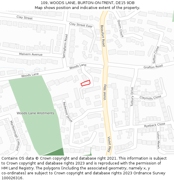 109, WOODS LANE, BURTON-ON-TRENT, DE15 9DB: Location map and indicative extent of plot