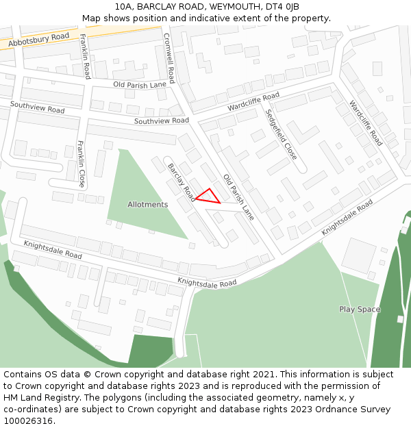 10A, BARCLAY ROAD, WEYMOUTH, DT4 0JB: Location map and indicative extent of plot