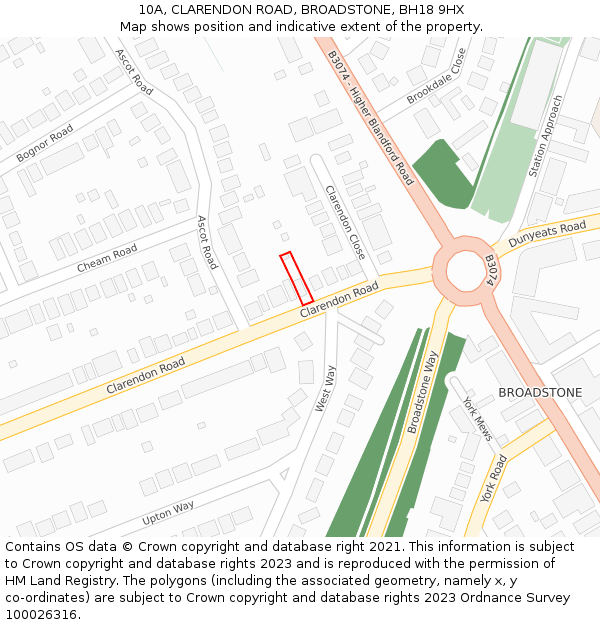 10A, CLARENDON ROAD, BROADSTONE, BH18 9HX: Location map and indicative extent of plot