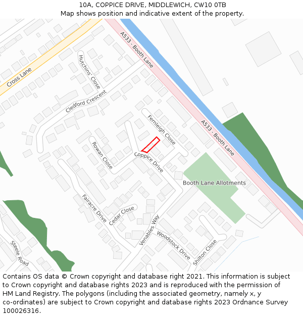 10A, COPPICE DRIVE, MIDDLEWICH, CW10 0TB: Location map and indicative extent of plot