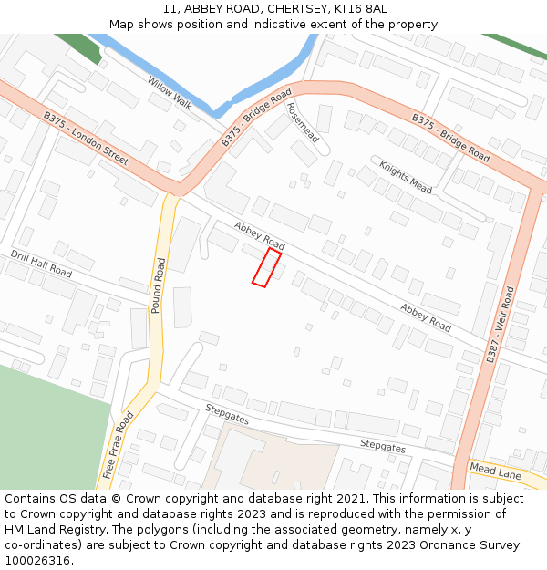 11, ABBEY ROAD, CHERTSEY, KT16 8AL: Location map and indicative extent of plot