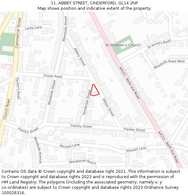 11, ABBEY STREET, CINDERFORD, GL14 2NP: Location map and indicative extent of plot