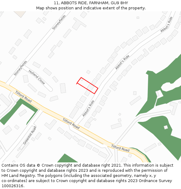 11, ABBOTS RIDE, FARNHAM, GU9 8HY: Location map and indicative extent of plot