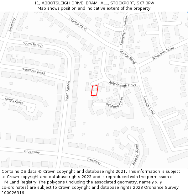 11, ABBOTSLEIGH DRIVE, BRAMHALL, STOCKPORT, SK7 3PW: Location map and indicative extent of plot