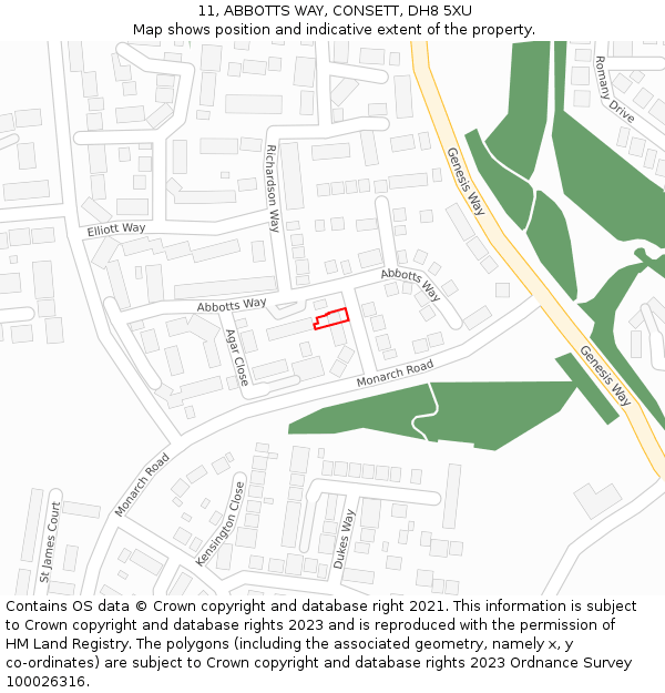 11, ABBOTTS WAY, CONSETT, DH8 5XU: Location map and indicative extent of plot