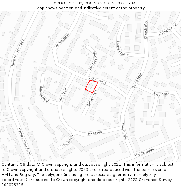 11, ABBOTTSBURY, BOGNOR REGIS, PO21 4RX: Location map and indicative extent of plot