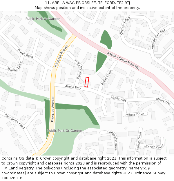 11, ABELIA WAY, PRIORSLEE, TELFORD, TF2 9TJ: Location map and indicative extent of plot