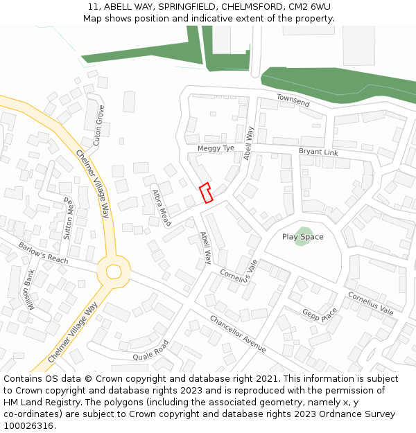 11, ABELL WAY, SPRINGFIELD, CHELMSFORD, CM2 6WU: Location map and indicative extent of plot