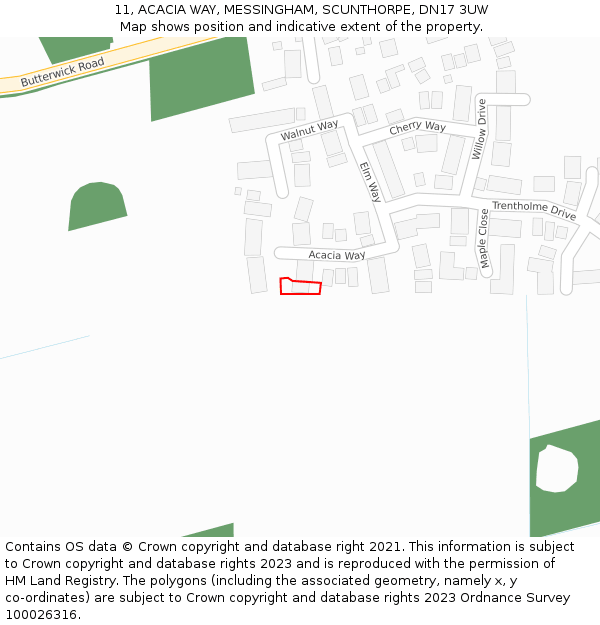 11, ACACIA WAY, MESSINGHAM, SCUNTHORPE, DN17 3UW: Location map and indicative extent of plot