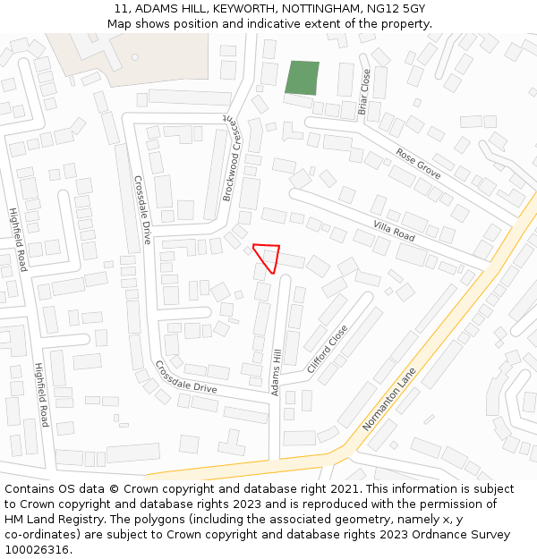 11, ADAMS HILL, KEYWORTH, NOTTINGHAM, NG12 5GY: Location map and indicative extent of plot