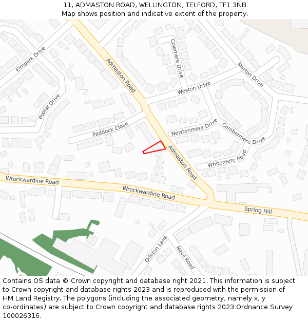 11, ADMASTON ROAD, WELLINGTON, TELFORD, TF1 3NB: Location map and indicative extent of plot