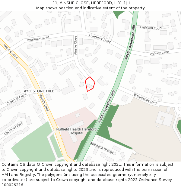 11, AINSLIE CLOSE, HEREFORD, HR1 1JH: Location map and indicative extent of plot