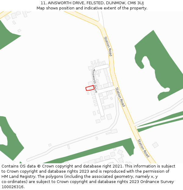 11, AINSWORTH DRIVE, FELSTED, DUNMOW, CM6 3UJ: Location map and indicative extent of plot