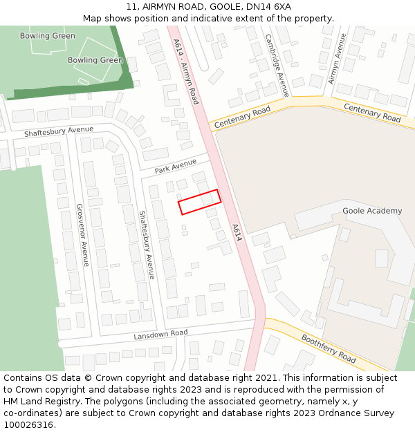 11, AIRMYN ROAD, GOOLE, DN14 6XA: Location map and indicative extent of plot