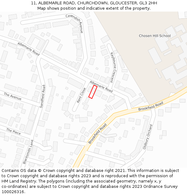 11, ALBEMARLE ROAD, CHURCHDOWN, GLOUCESTER, GL3 2HH: Location map and indicative extent of plot