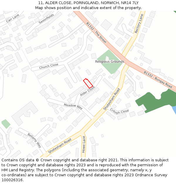 11, ALDER CLOSE, PORINGLAND, NORWICH, NR14 7LY: Location map and indicative extent of plot