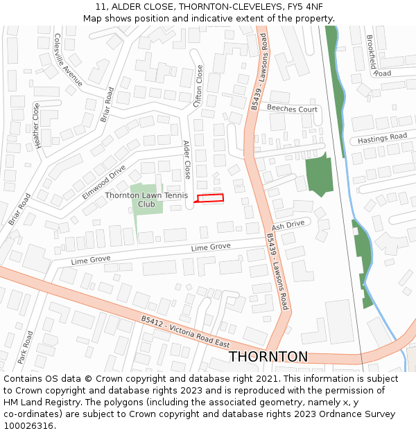 11, ALDER CLOSE, THORNTON-CLEVELEYS, FY5 4NF: Location map and indicative extent of plot