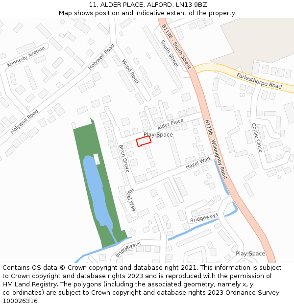 11, ALDER PLACE, ALFORD, LN13 9BZ: Location map and indicative extent of plot