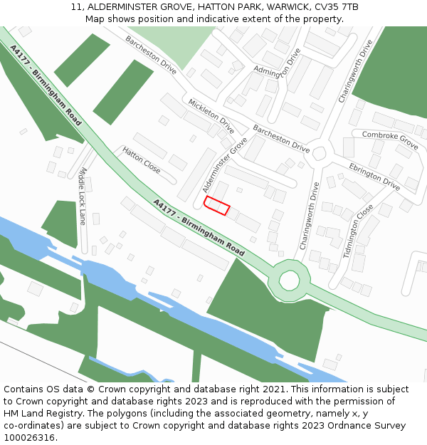 11, ALDERMINSTER GROVE, HATTON PARK, WARWICK, CV35 7TB: Location map and indicative extent of plot