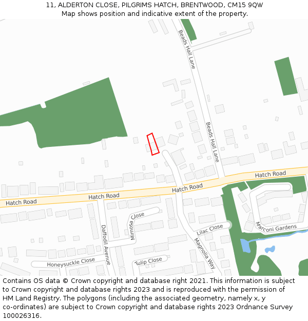 11, ALDERTON CLOSE, PILGRIMS HATCH, BRENTWOOD, CM15 9QW: Location map and indicative extent of plot