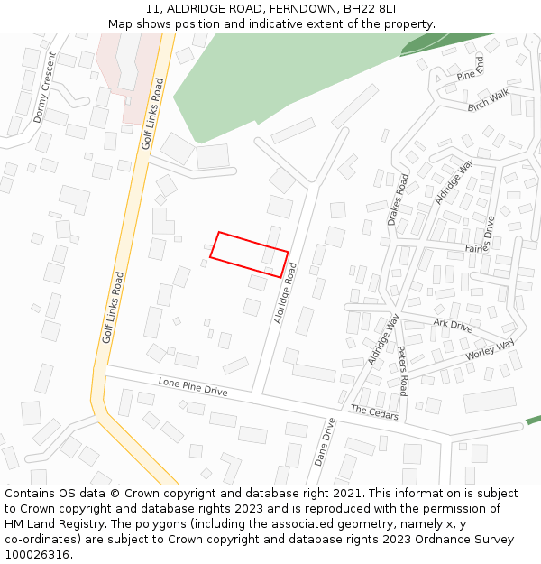 11, ALDRIDGE ROAD, FERNDOWN, BH22 8LT: Location map and indicative extent of plot