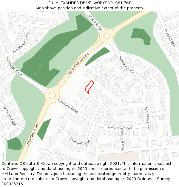 11, ALEXANDER DRIVE, WORKSOP, S81 7NP: Location map and indicative extent of plot