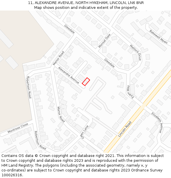11, ALEXANDRE AVENUE, NORTH HYKEHAM, LINCOLN, LN6 8NR: Location map and indicative extent of plot