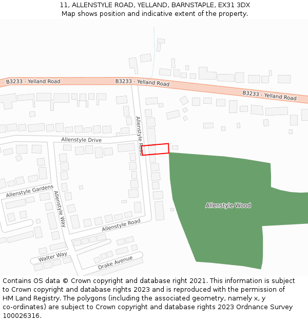 11, ALLENSTYLE ROAD, YELLAND, BARNSTAPLE, EX31 3DX: Location map and indicative extent of plot