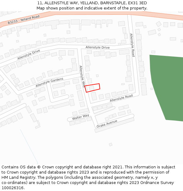 11, ALLENSTYLE WAY, YELLAND, BARNSTAPLE, EX31 3ED: Location map and indicative extent of plot