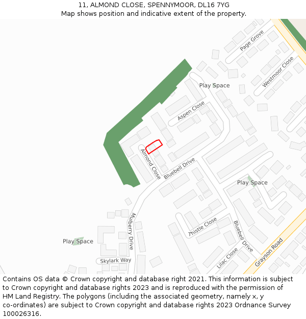 11, ALMOND CLOSE, SPENNYMOOR, DL16 7YG: Location map and indicative extent of plot