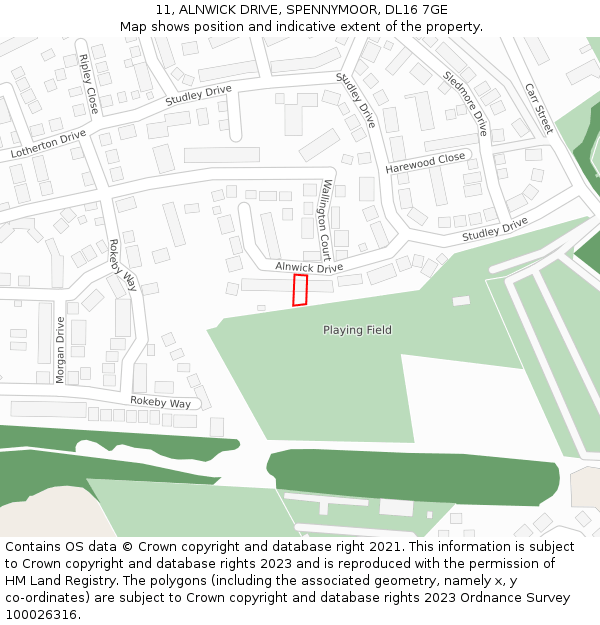 11, ALNWICK DRIVE, SPENNYMOOR, DL16 7GE: Location map and indicative extent of plot