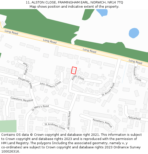 11, ALSTON CLOSE, FRAMINGHAM EARL, NORWICH, NR14 7TQ: Location map and indicative extent of plot