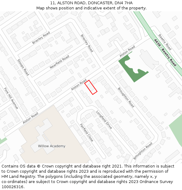 11, ALSTON ROAD, DONCASTER, DN4 7HA: Location map and indicative extent of plot