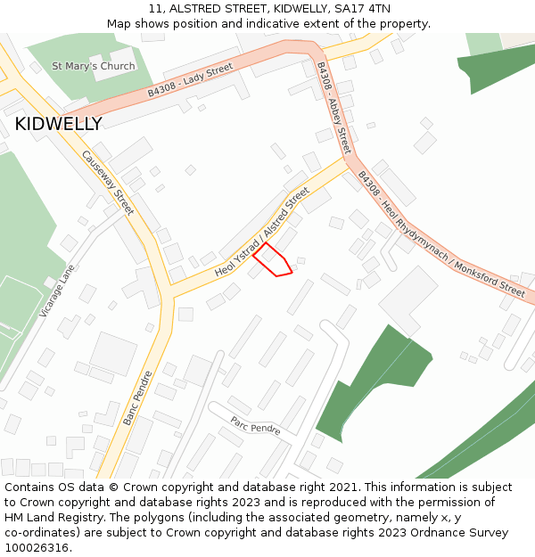 11, ALSTRED STREET, KIDWELLY, SA17 4TN: Location map and indicative extent of plot