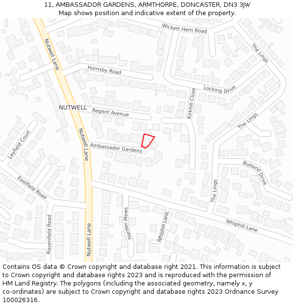 11, AMBASSADOR GARDENS, ARMTHORPE, DONCASTER, DN3 3JW: Location map and indicative extent of plot