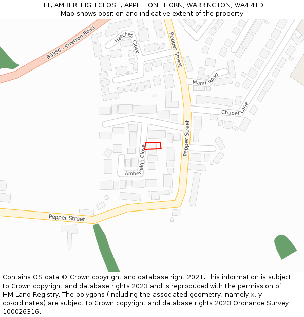 11, AMBERLEIGH CLOSE, APPLETON THORN, WARRINGTON, WA4 4TD: Location map and indicative extent of plot