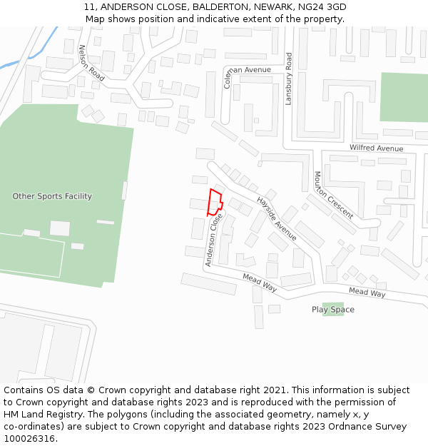 11, ANDERSON CLOSE, BALDERTON, NEWARK, NG24 3GD: Location map and indicative extent of plot