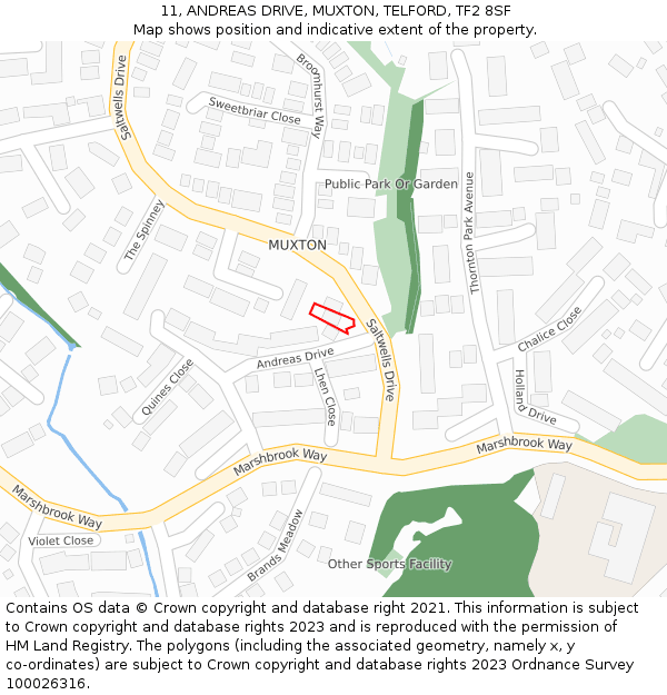 11, ANDREAS DRIVE, MUXTON, TELFORD, TF2 8SF: Location map and indicative extent of plot